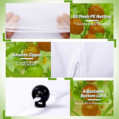 3 Pcs Garden Bird Netting Plant Cover for Square Tomato Cage, 55"×19.7" Garden Bird Insect Netting with Zipper & Drawstring Netting for Vertical Climbing Plants,Vegetable and Flower (No Cage)
