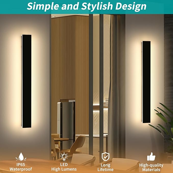 Mikeru 39inch Outdoor Wall Light Fixtures, 10%-100% Dimmable Black Exterior Wall Sconces, 3000k-6000k Acrylic Invisible Long led Wall Light for Porch Modern Wall Mount Lighting for House