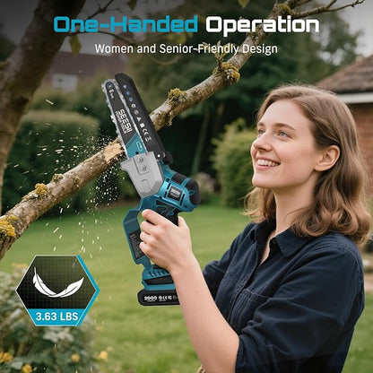 SEESII Brushless Mini Chainsaw 6 Inch, Handheld Saw with 2 * 2000 mAh Batteries, Cordless Chainsaw with Automatic Oiler, Compatible with Makita 18V Battery, Electric Saw for Tree Limb Branch Cutter