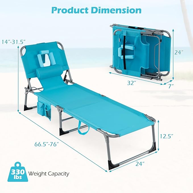 COSTWAY Tanning Chair with Face Hole, Folding Beach Lounge Chair | 4-Position Adjustable Backrest, Pillow & Side Pocket for Sunbathing, Camping (2, Turquoise)