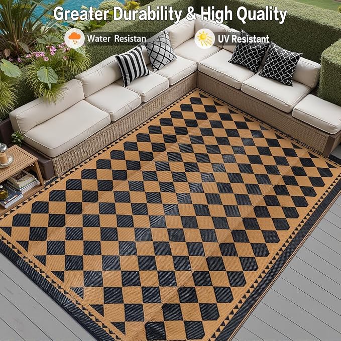 HUGEAR Outdoor Waterproof Rug 9'x12' Plastic Straw Rugs Washable Reversible Floor Mat Brown Plaid Carpet for Camping RV Deck Entryance Porch Picnic Balcony Beach Backyard