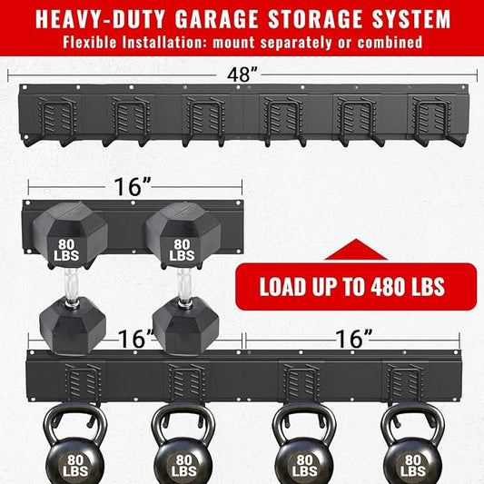 Garage Tool Organizer Wall Mount, Easy to 48inch Install Heavy-Duty Garage Storage System with 6 Adjustable Straight Hooks, Garden Tool Rack for Shovels, Rakes, Yard Tools