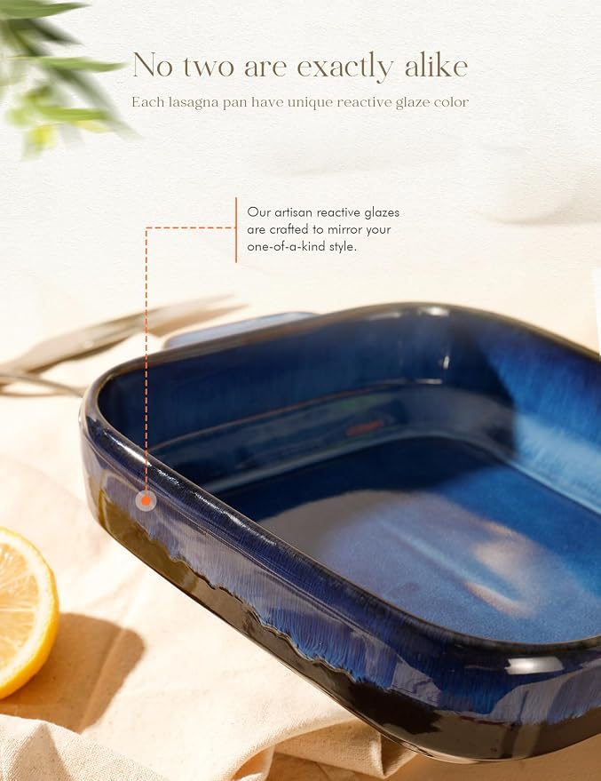8x8 Baking Pan Ceramic Square Baking Dish with Handle for Brownie 48oz Blue | Deep for Brownie, Lasagna, Roasting and Great for Kitchen Decor