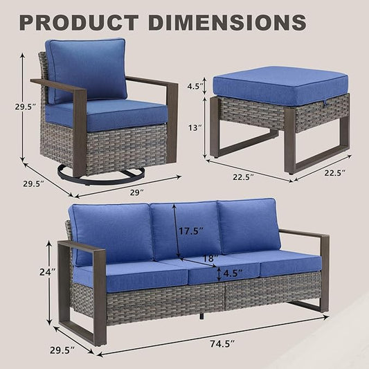 Rilyson Outdoor Wicker Patio Furniture Set - 7 Piece Patio Conversation Set with 4 Wicker Swivel Rocker Chairs,2 Rattan Ottoman and 1 Couch,Thick Cushions,Deep Seating,Wide Armrest(Mixed Grey/Blue)