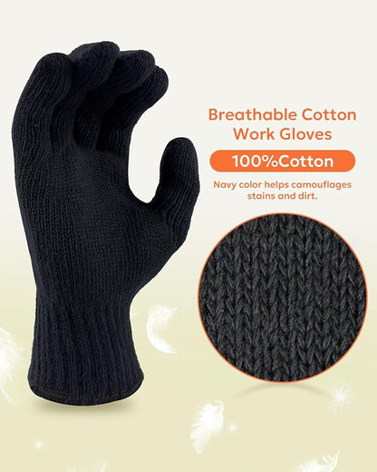 Evridwear Cotton Polyester String Knit Shell Safety Protection Work Gloves for Painter Mechanic Industrial Warehouse Gardening Construction Men & Women 12 Pairs, no Dots, Navy,Large