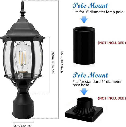 2 Pack Black Outdoor Lamp Post for Patio Pathway, 17inch Black Outdoor Post Light Fixture for House Pier Mount Outside Lighting Exterior Pole Lamp 17” Coach Light
