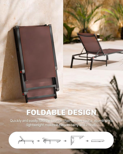 Patio Lounge Chair, Aluminum Foldable 5-Position, 1 Pack,Brown | Lightweight rustproof aluminum. Breathable quick-dry fabric. Full flat recline for sunbathing. Poolside, deck, beach, lawn.