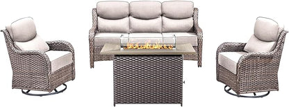 Luxury High Back Outdoor Furniture 6-Inch Thick Cushions with 50,000 BTU Gas Propane Fire Pit Tablet, Patio Furniture Set with Swivel Chairs, for Porch, Balcony, Deck and Yard