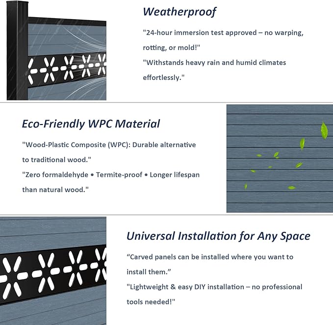 6 Feet×6 Feet Privacy Fence, Outdoor Wood Plastic Composite Fence Panel, Waterproof Security Barriers Fencing, WPC (Gray, Floral (1 Panel - 1 Post))
