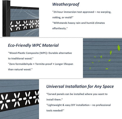 6 Feet×6 Feet Privacy Fence, Outdoor Wood Plastic Composite Fence Panel, Waterproof Security Barriers Fencing, WPC (Gray, Floral (1 Panel - 1 Post))
