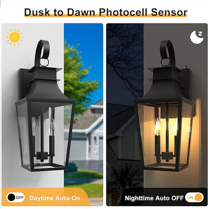 𝟐𝟎.𝟗𝟖-𝐈𝐍𝐂𝐇 Outdoor Wall Lights 2-Light, Waterproof Exterior Light Fixtures Wall Mount Outside Light with Glass, Dusk to Dawn Outdoor Wall Lantern for Porch, House, Garage, Black