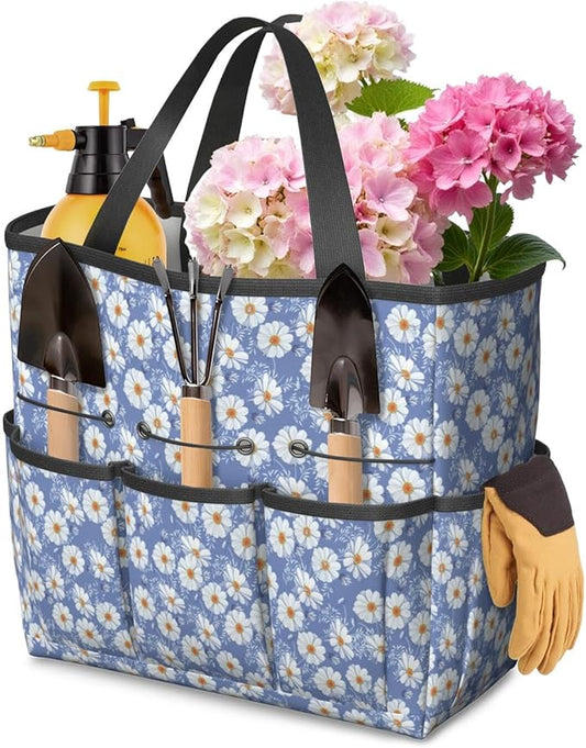 Daisy Flowers Garden Tool Bag - Waterproof Garden Tote with 8 Pockets, Large Storage Home Organizer Gardening Tool Oxford Bag for Garden Tools Kits Holder, Ideal Outdoor Gardening Gift for Women & Men
