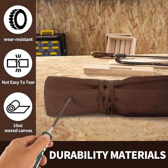 Chisel Roll,Small Tool Roll Pouch,Tool Roll Bag Organizer, Heavy Duty Waxed Canvas Tool Bag, Multi-Purpose Roll-Up Storage Bag for Hand Tools Holder with 6 Pockets Wrench Roll Up Pouch