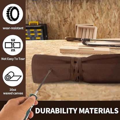 Chisel Roll,Small Tool Roll Pouch,Tool Roll Bag Organizer, Heavy Duty Waxed Canvas Tool Bag, Multi-Purpose Roll-Up Storage Bag for Hand Tools Holder with 6 Pockets Wrench Roll Up Pouch