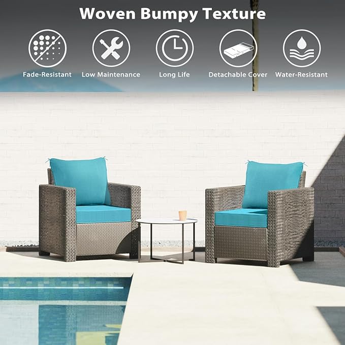 Sundale Outdoor Olefin Deep Seat Cushion Set of 2, Patio Chair Cushion and Pillow, Water-Resistant Sectional Sofa Pad with Straps Teal, 23 x 26 x 6 Inches