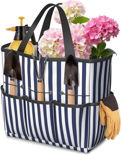 Classic Garden Tool Bag - Waterproof Blue Checkered Garden Tote with 8 Pockets, Large Storage Home Organizer Gardening Tool Oxford Bag for Garden Tools Kits Holder, Gardening Gift for Women & Men