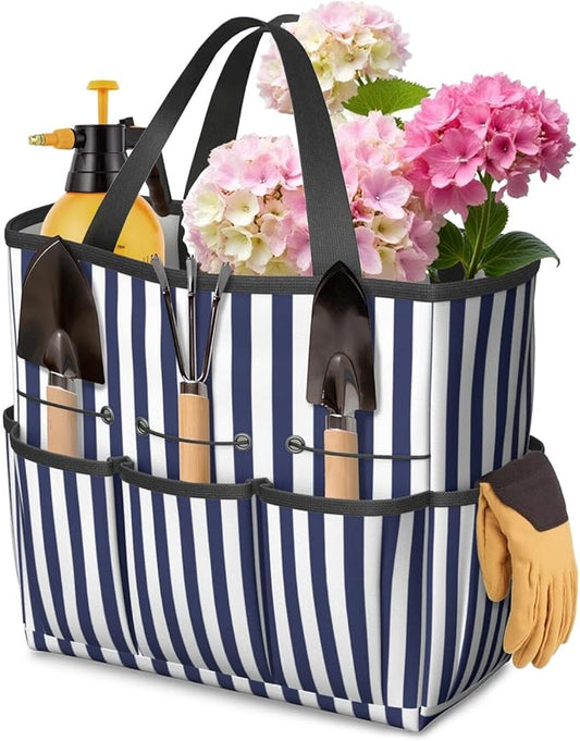 Classic Garden Tool Bag - Waterproof Blue Checkered Garden Tote with 8 Pockets, Large Storage Home Organizer Gardening Tool Oxford Bag for Garden Tools Kits Holder, Gardening Gift for Women & Men