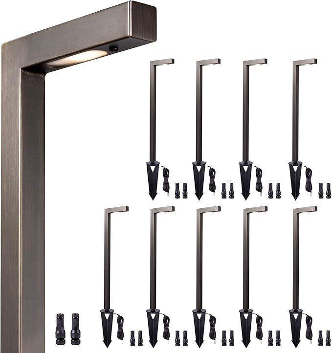 Gardenreet Low Voltage Pathway Lights 12V, LED Landscape Path Lights Outdoor Waterproof, Modern Electric Walkway Lights, L Shape Bronze Garden Decor Without G4 Bulb 12 Pack
