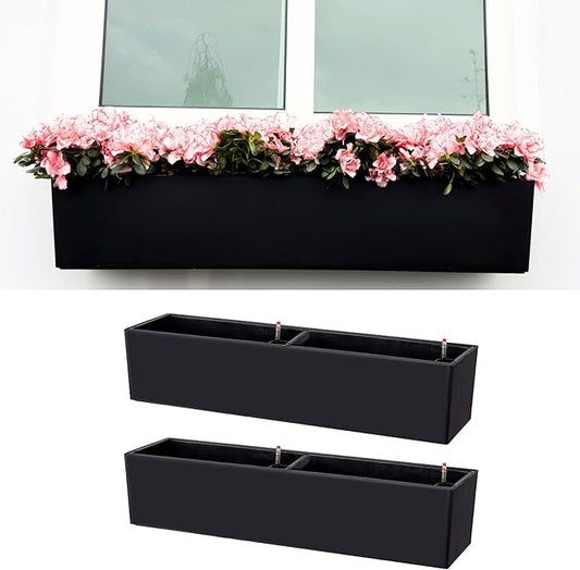 LaLaGreen Hanging Planter Boxes Outdoor (40 Inch, 2 Pack) Black Window Flower Box with Bracket, Large Rectangular Self Watering System Vertical Plant Container Wall Mounted Indoor Succulent Herb Decor