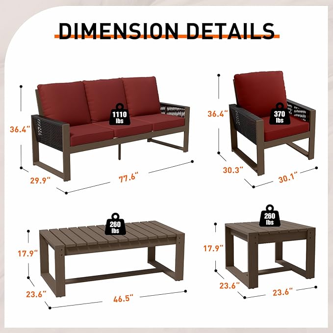 Rustic Hideaway Natural Cedar Wood Outdoor Furniture Set, Wicker Patio Conversation Set for Porch Garden Backyard, Couch, 4 Patio Chairs, Tables, 7 Piece, Brownish/Red