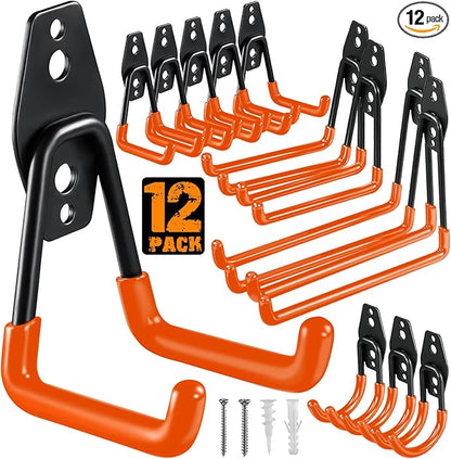 HUPBIPY 12 Pack Garage Hooks Heavy Duty Utility Steel with Anti-Slip Coating Wall Mount Storage Organizer for Hanging Power and Garden Tools, Ladders, Hose, Bikes, Ropes, Bulk Items, and More