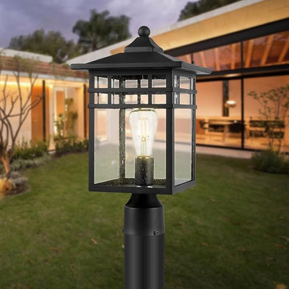 Outdoor Post Light Fixture, Large Exterior Pillar Lantern with Black Finish & Seeded Glass, 9 Inch Square Pier Mount Lamp for Garden, Backyard, Courtyard, Patio, Deck, Pathway, Walkway