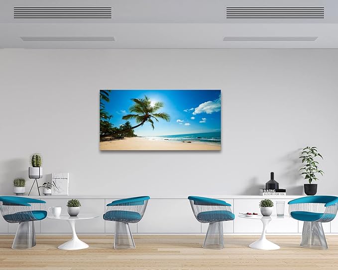 Muolunna ARX0650 Large Canvas Wall Art Summer Ocean Waves Prints Coconut Trees Beach Seascape Painting Hawaii Sea Nature Pictures Stretched and Framed for Living Room Home Office Wall Decor Artwork