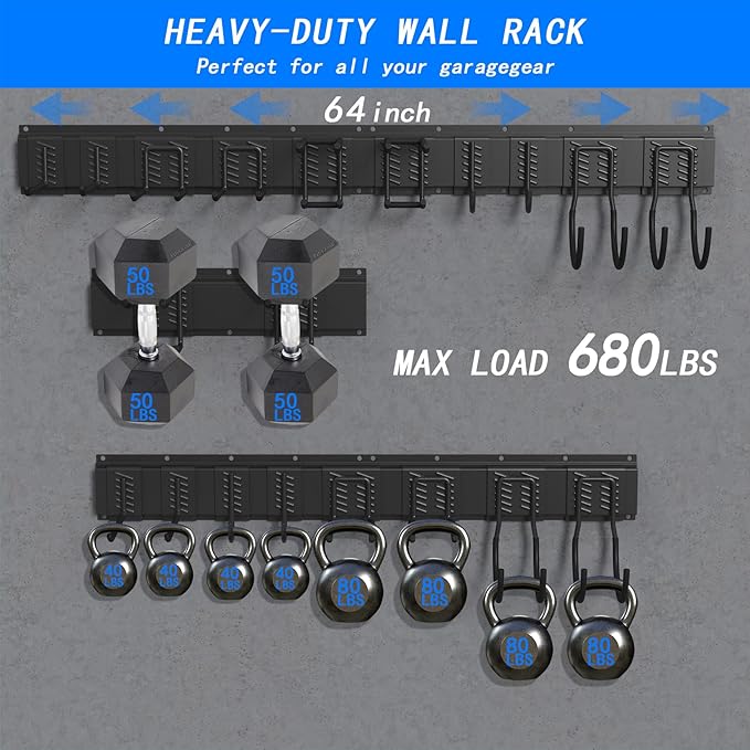 CBWLWJ 64'' Garage Tool Organizer Wall Mount - Heavy Duty 680 lbs Capacity Tool Rack with 10 Adjustable Hooks, Wall Mounted Storage System for Garage, Shed, Workshop (Black)