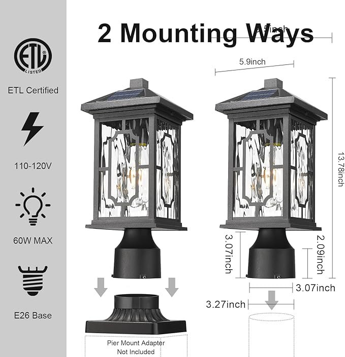 Solar Outdoor Post Light,Dusk to Dawn Aluminum Lamp Posts with Remmote,Waterproof Exterior Pillar Lantern with Water Ripple Glass for Pathway Garden Patio Gargae, 2700K LED Bulb Included