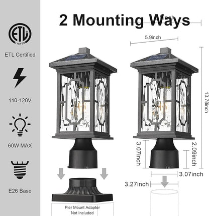 Solar Outdoor Post Light,Dusk to Dawn Aluminum Lamp Posts with Remmote,Waterproof Exterior Pillar Lantern with Water Ripple Glass for Pathway Garden Patio Gargae, 2700K LED Bulb Included