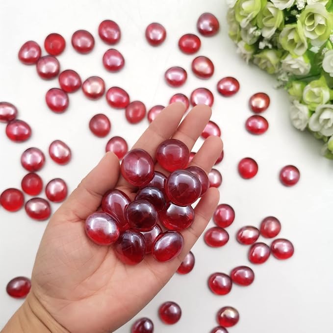 Flat Glass Marbles 1 Pound Vase Filler Fire Pit Glass Pebbles for Indoor Plants, Aquarium Fish Tank Decorations, Home Decor, Fire Pit, Landscaping, Arts Crafts (Ruby)