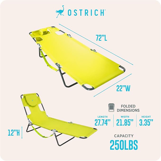 Ostrich the Original Chaise 72 x 22 Inch Lounge Portable Reclining Lounger, Outdoor Patio, Beach, Lawn, Camping, or Pool Tanning Chair, Lime Green