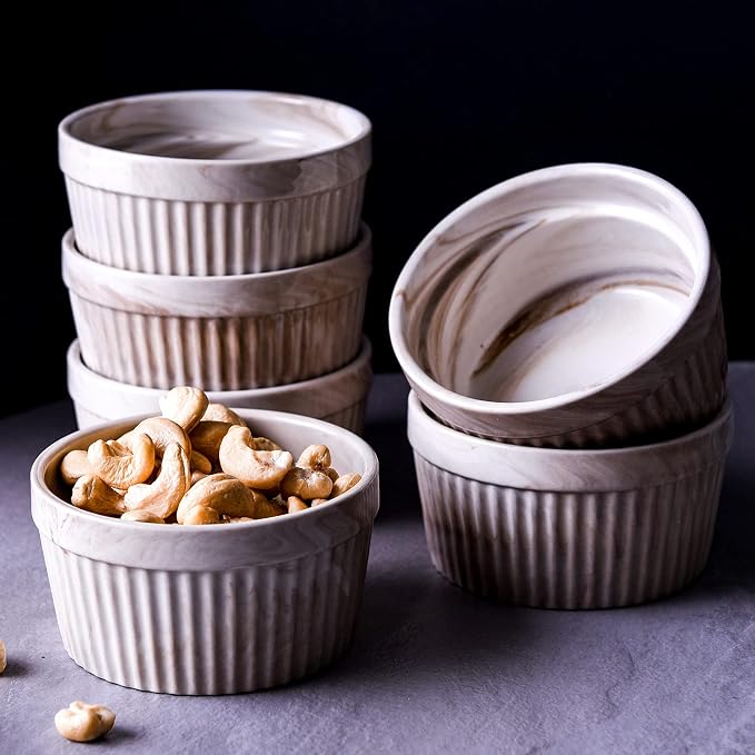 Yundu 8 Ounce Cream Marble Ceramic Ramekins - Perfect for Creme Brulee, Oven Safe, Baking & Souffle - Set of 6