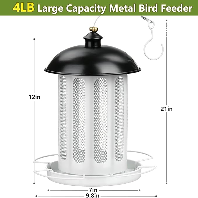 Bird Feeder, Large Capacity Bird Feeders for Outdoor Hanging, Heavy Duty Metal Wild Birdfeeder for Outside Garden Yard Decor, Retro Lantern Shape (Black & White)