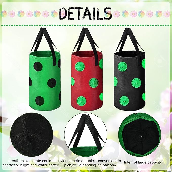Honeydak Upside Down Tomato Strawberry Grow Bags Hanging Garden Planter Aeration Fabric Grow Bags for Strawberry Tomato Herb Vegetables Outdoor Plants(3 Pack,13 Holes Style)