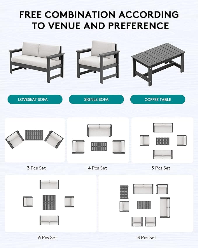 SERWALL 3 Pieces HDPE Outdoor Sofa Set with Cushions, All Weather Use Patio Couch Loveseat Furniture with Coffee Table for Balcony, Deck, Poolside, Grey Frame with Khaki Cushions