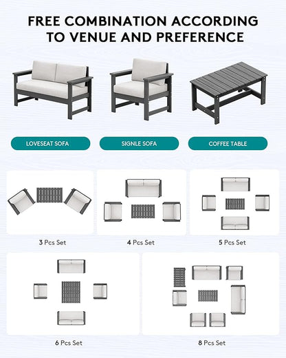 SERWALL 2 Pieces Single Cushioned Sofa Chair, Grey HDPE Outdoor Adirondack Lounge Armchair with Khaki Cushion