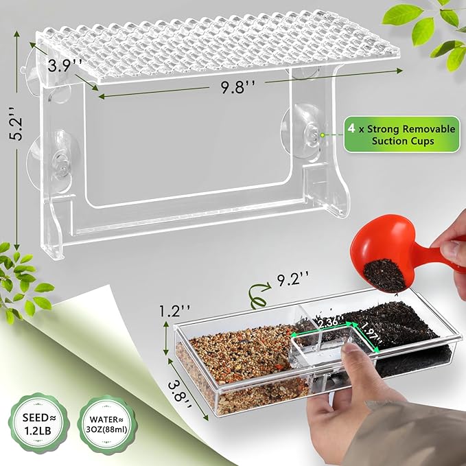 Gbekery Window Bird Feeder for Outdoors with Strong Suction Cups, Acrylic Clear Window Bird Feeders for Viewing with Large Capacity Detachable Seed & Water Tray