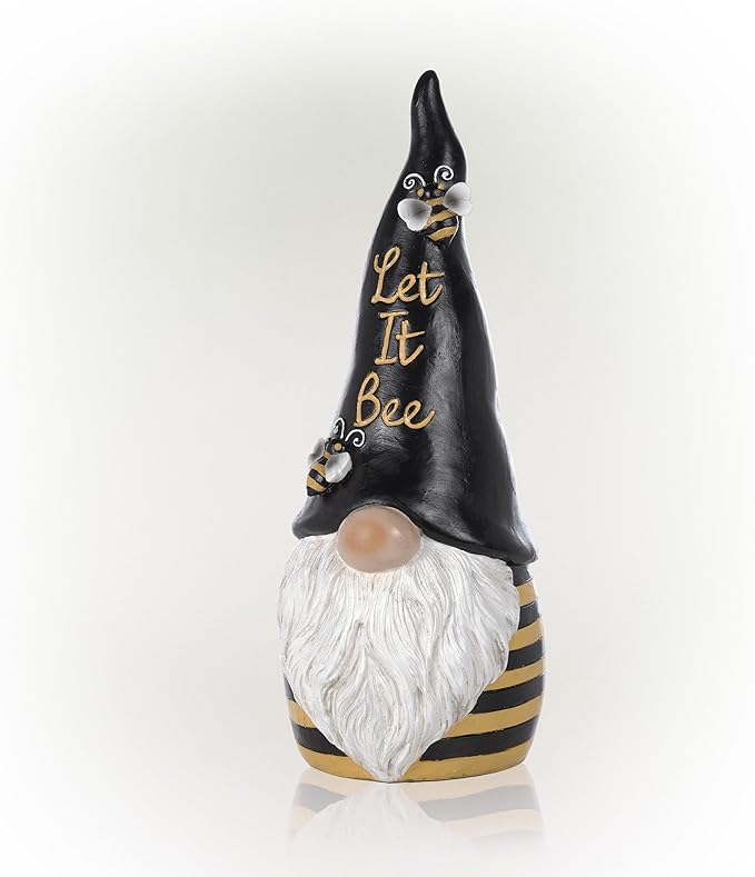 Alpine Corporation 12" H Let It Bee Indoor/Outdoor Garden Gnome Statue, Black/Yellow
