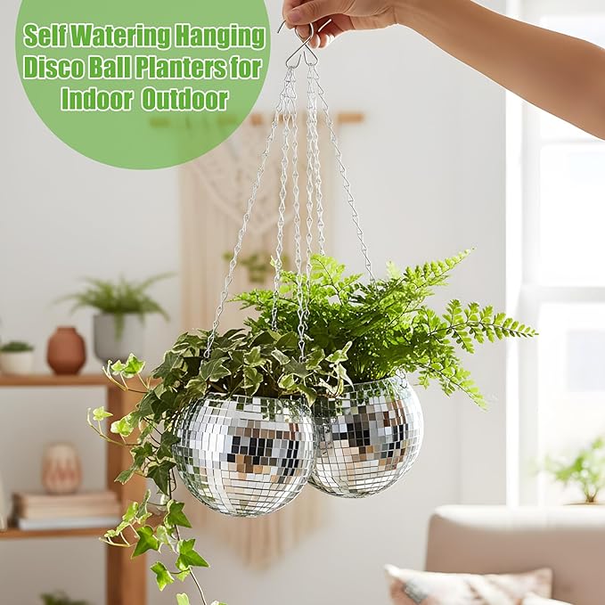 Novabright 2 Pcs 6" Self Watering Disco Ball Planters, Mirror Disco Ball Hanging Planter Flower Pots with Chain and Rope, Self Watering Insert, Wooden Hook for Stand for Desk and Extra Mirror Pieces
