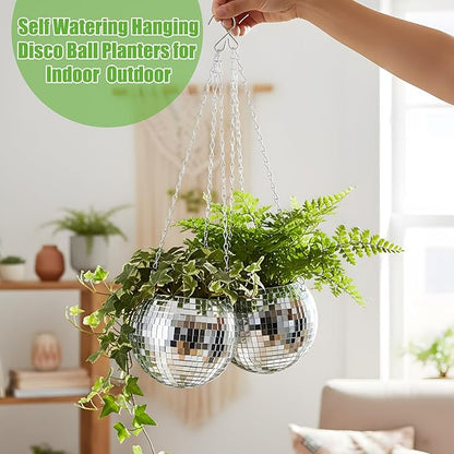 Novabright 2 Pcs 6" Self Watering Disco Ball Planters, Mirror Disco Ball Hanging Planter Flower Pots with Chain and Rope, Self Watering Insert, Wooden Hook for Stand for Desk and Extra Mirror Pieces