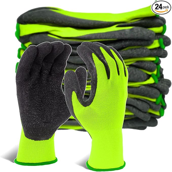 Evridwear Crinkle Latex Rubber Hand Coated Safety Work Gloves for Men Women General Multi Use Construction Warehouse Gardening Assembly Landscaping (X-Large,Green 12 Pairs)