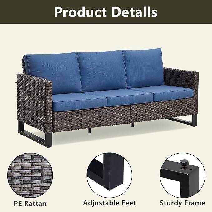 Rilyson Wicker Outdoor Patio Furniture Set - 5 Piece Patio Conversation Set with 2 Wicker Armrest Chairs,2 Rattan Ottoman and 1 Couch for Outside Porch Deck Backyard Garden(Brown/Blue)