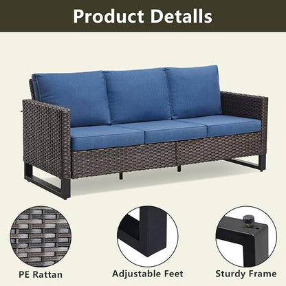 Rilyson Wicker Outdoor Patio Furniture Set - 5 Piece Patio Conversation Set with 2 Wicker Armrest Chairs,2 Rattan Ottoman and 1 Couch for Outside Porch Deck Backyard Garden(Brown/Blue)