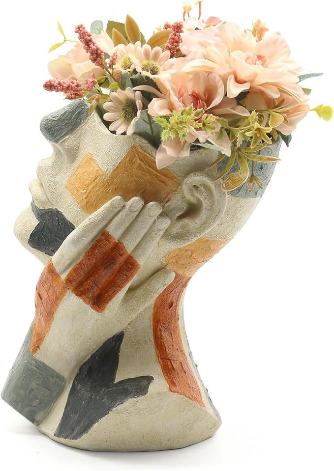 Lukitas Abstract Face Planter, Faux Sandstone Decorative Vase, Colorful Handcrafted Artistic Flower Plant Pot for Garden Patio Living Room, Resin 10.5''