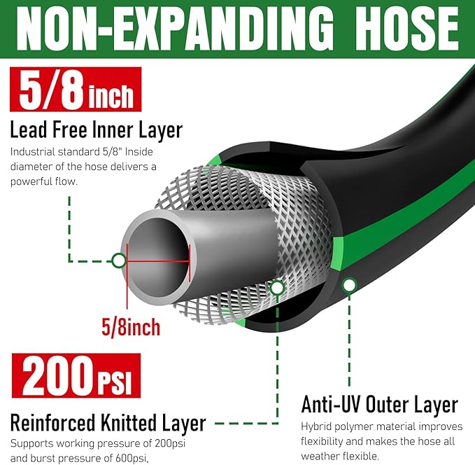 Heavy Duty Garden Hose 100ft, NON-EXPANDABLE Flexible Water Hose, Kink Resistant Lightweight Hybrid Hose, Leakproof Hose Male to Female Fittings