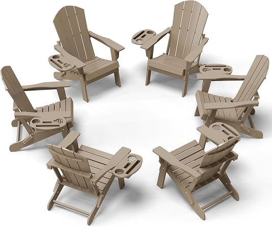Adirondack Chair Set of 6, HDPE Folding Adirondack Chair with Multifunctional Cup Holder, Weather Resistant Fire Pit Chair for porches, patios, poolsides, Decks.