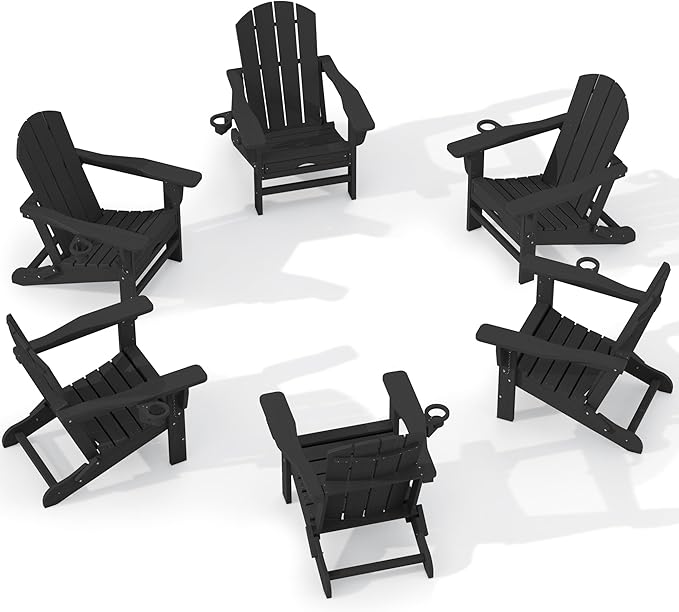 KINGYES Folding Adjustable Adirondack Chair with Retractable Ottoman Set of 6, HDPE All Weather Chair with Cup Holder - Versatile Adirondack Chair, Black