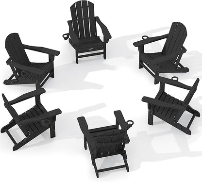 KINGYES Folding Adjustable Adirondack Chair with Retractable Ottoman Set of 6, HDPE All Weather Chair with Cup Holder - Versatile Adirondack Chair, Black
