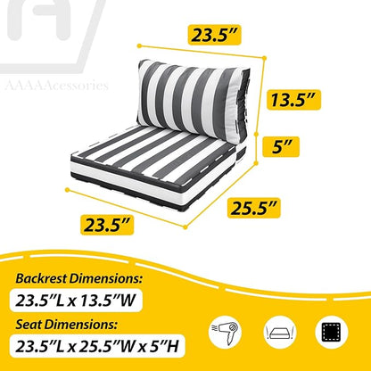 AAAAAcessories Outdoor Seat Cushions for Chairs, Fade-Resistant, Waterproof Patio Furniture Replacement Cushions, 23.5" x 25.5" x 5" + 23.5" x 13.5", Gray Cabana Stripe